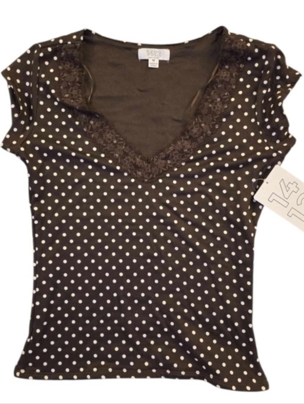 NWT 1412 Polka Dot Vintage Y2K Inspired Lace-Trim V-Neck Top Brown White Medium